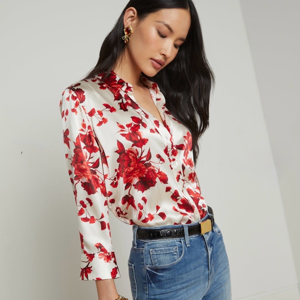 L’Agence Dani Silk Floral Red and White Blouse size XS - Picture 2 of 13